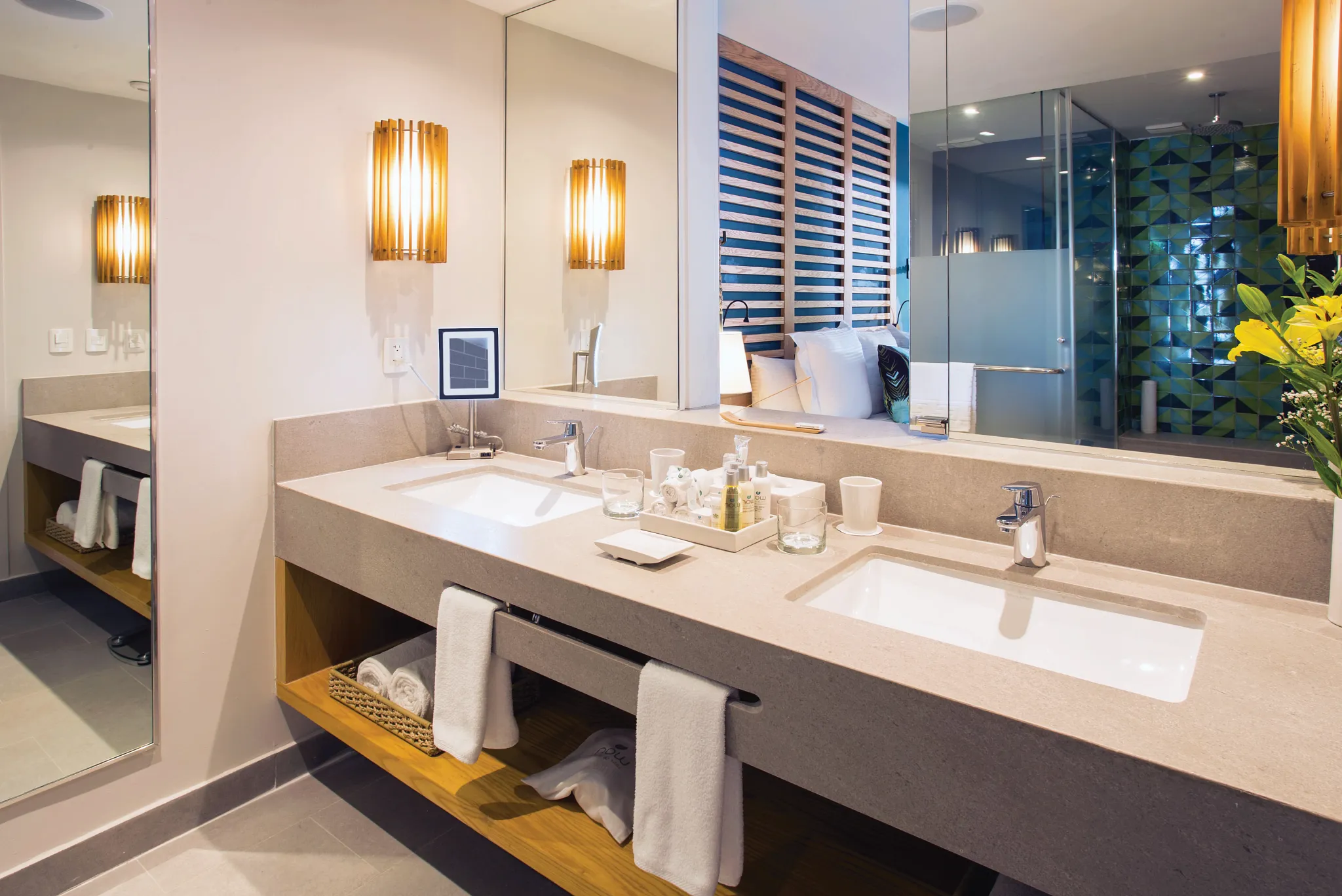 Preferred Club Master Suite Ocean Front double sink vanity bathroom at Dreams Natura Resort & Spa.