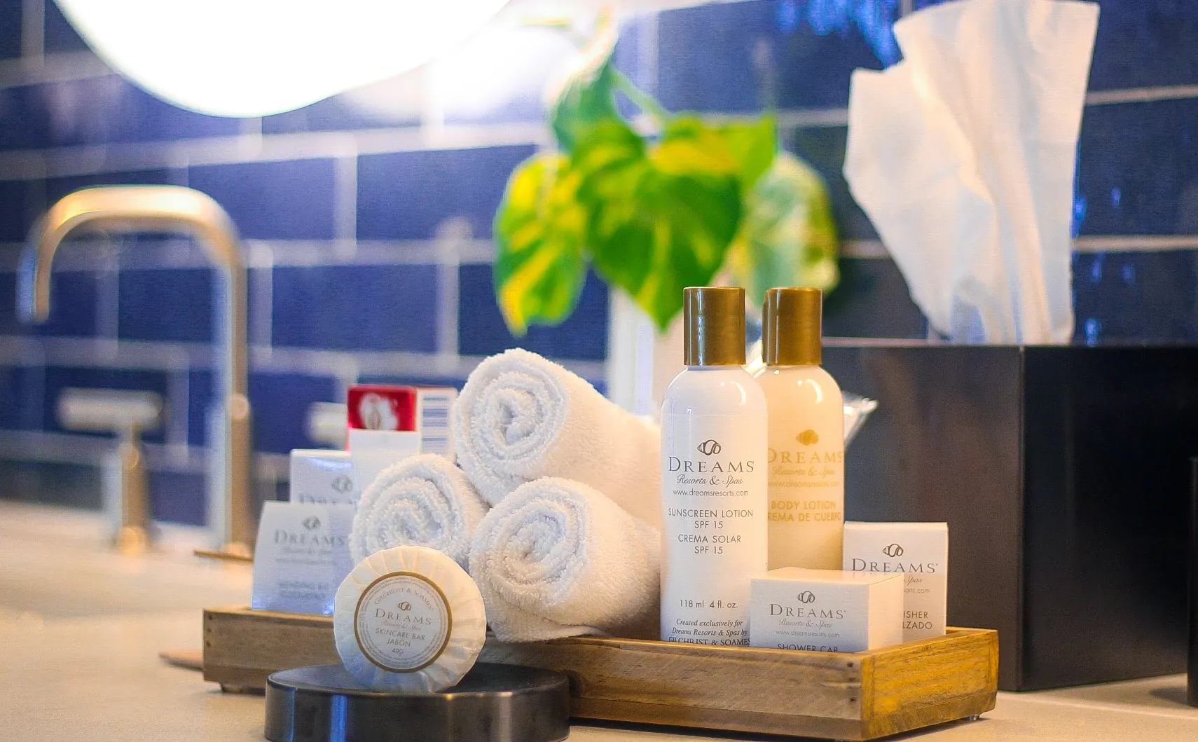 Preferred Club Junior Suite premium bath amenities and toiletries at Dreams Natura Resort & Spa.